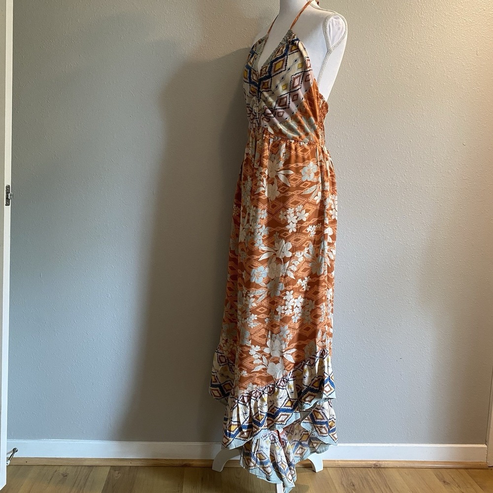 Angie Boho Mixed Print Halter Jumpsuit L | Wide Leg Ruffle Hem Festival Style - Picture 7 of 11